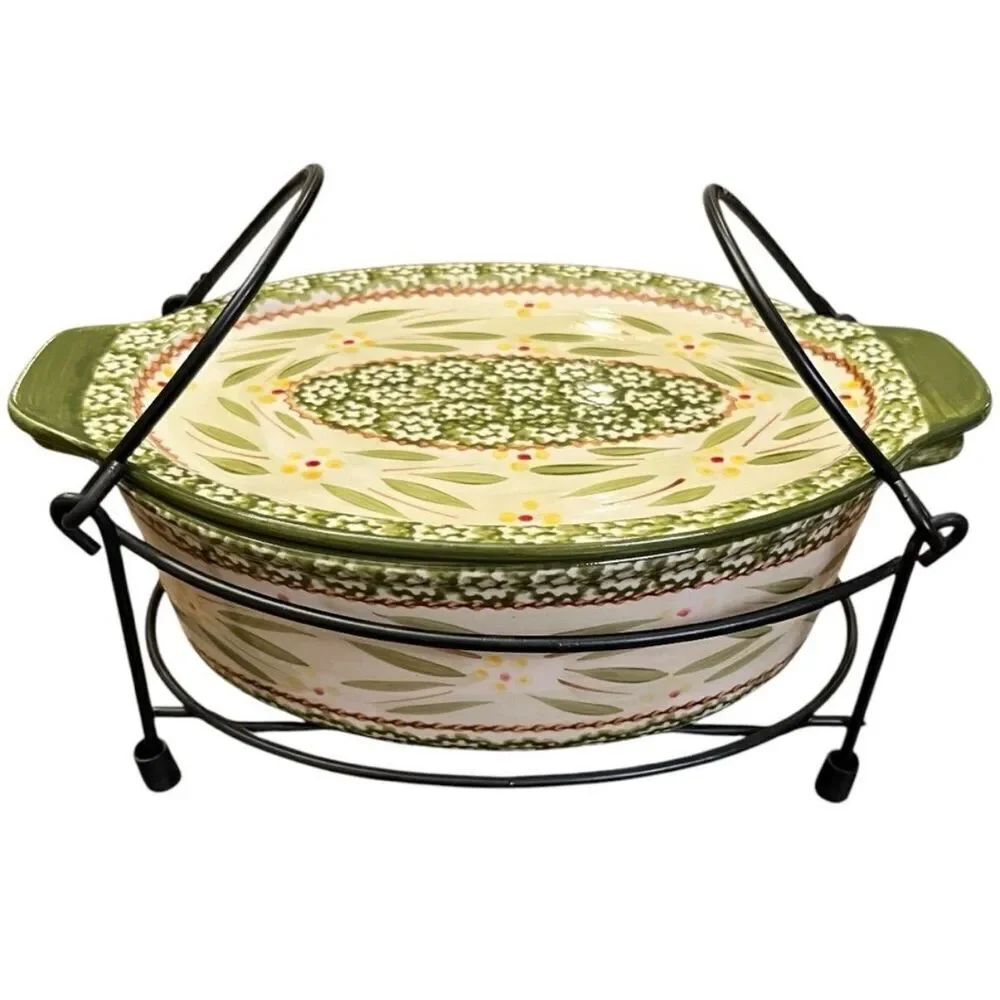 Temptations Presentable Ovenwear 1.5 QT Baking Dish Green Old World Floral 3Pc